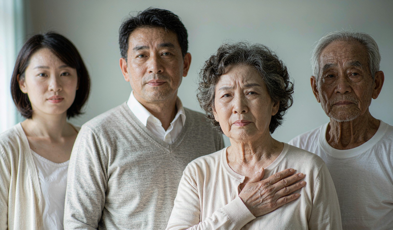 四位不同年龄的中国人并排站立，其中一位老年女性手按胸口